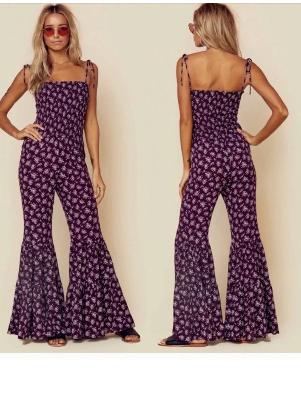 Blue Life Fiesta Jumpsuit Ditsy Floral Flare Leg Smocked
